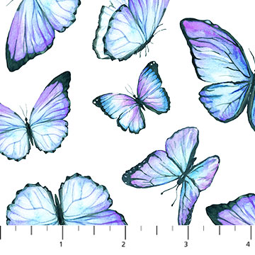 Fabric Northcott Rhapsody in Blue Butterflies White 27073-10