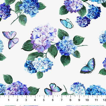 Fabric Northcott Rhapsody in Blue Hydrangea White DP27069-10
