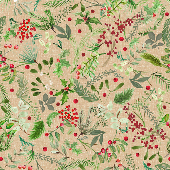 Fabric Maywood Winter Wreaths Cream Greenery 10881M-E