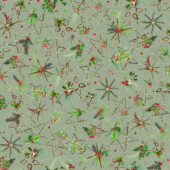 Fabric Maywood Winter Wreaths Green Stars 10882M-G