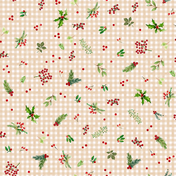 Fabric Maywood Winter Wreaths Cream Gingham 10883M-E