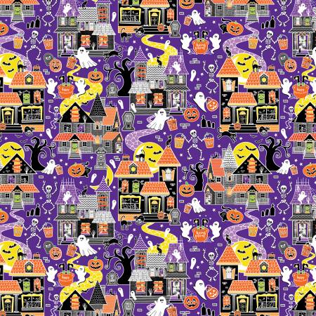 Fabric Benartex Chills & Thrills Glow in the Dark Houses Purple 14613GB-66