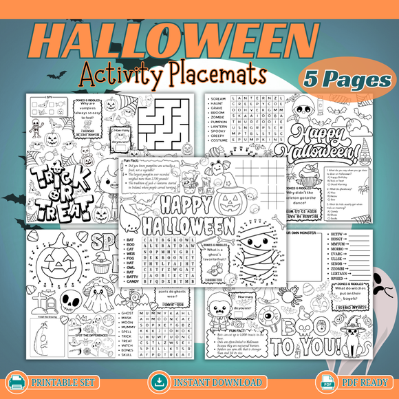 Printable Halloween Activity Placemats - INSTANT DOWNLOAD