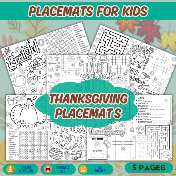 Printable Thanksgiving Activity Placemats - INSTANT DOWNLOAD