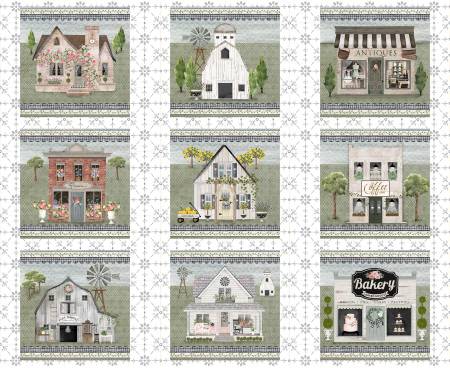 Fabric 3 Wishes White Cottage Farm Village Panel 20883-PNL