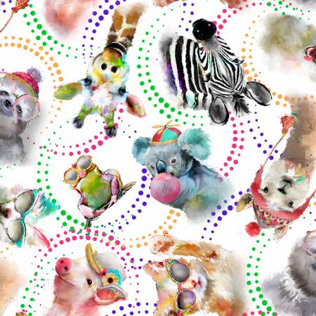 Fabric 3 Wishes Road Trippin Tossed Animals White 20888-WHT