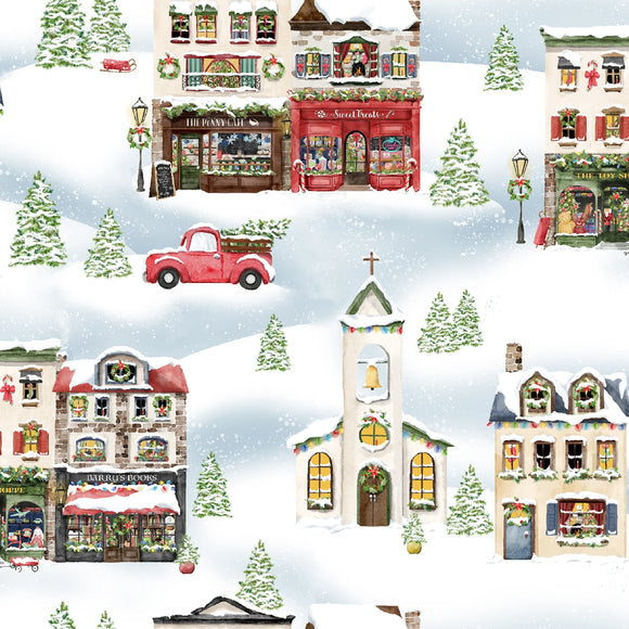 Fabric 3 Wishes Winter Village Scenery 23799-BLU