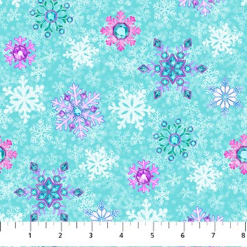 Fabric Northcott Merry and Bright Turquoise Snowflakes 26971-64