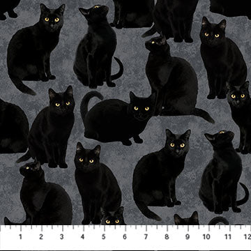Fabric Northcott Hallow's Eve Gray Black Cats 27087-98
