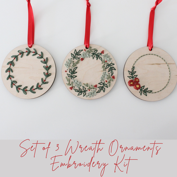 Kit - Set of 3 Christmas Wreath Wood Ornament - DIY Hand Embroidery