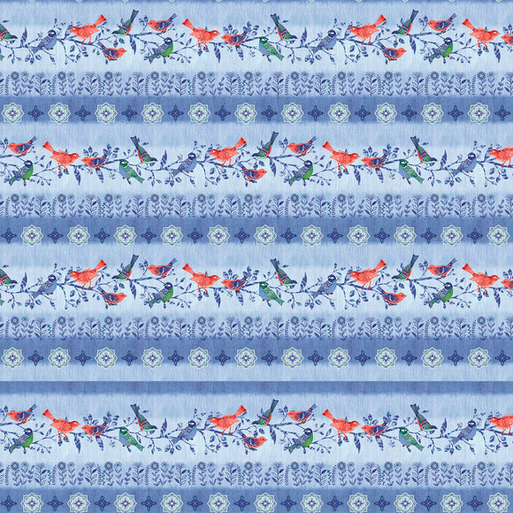 Fabric - Studio E Bella Blue Birds Border Stripe - 7585S-17