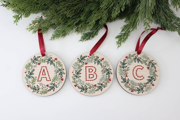 Kit Monogram Wreath Wood Christmas Ornament - DIY Hand Embroidery - Letter K
