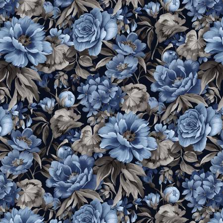 Fabric - Studio E Dots and Holes -  Indigo Large Floral - 8149S-77