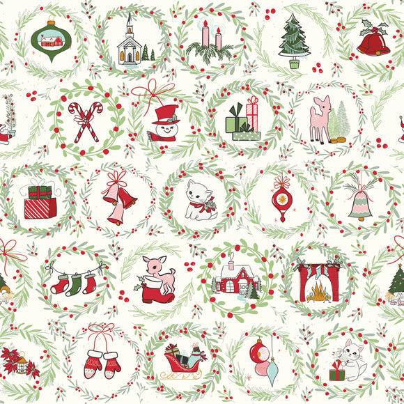 Fabric - Riley Blake Mistletoe & Holly Wreaths - C16401R-CLOUD