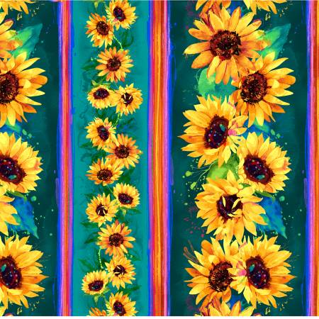 Fabric - Timeless Treasures Sundance Teal Sunflowers Stripe - CD3302-TEAL