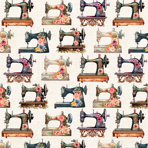Fabric - Timeless Treasures - Happy Place Floral Sewing Machines  CD3874-ECRU