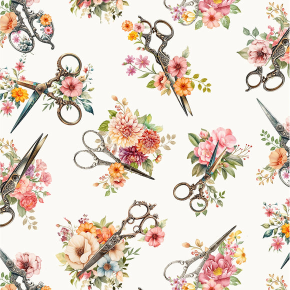 Fabric - Timeless Treasures Happy Place - Floral Scissors - CD3875-CREAM