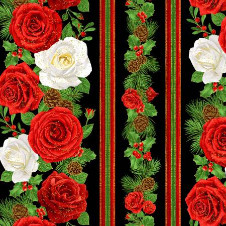 Fabric - Timeless Treasures - Winter Rose - Border Stripe Metallic CM2891-BLACK