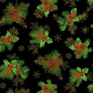 Fabric - Timeless Treasures - Winter Rose Pinecone Holly Berry - Metallic CM2896-BLACK