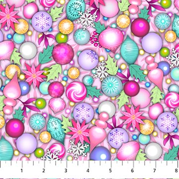 Fabric Northcott Merry and Bright Pink Baubles DP26970-21