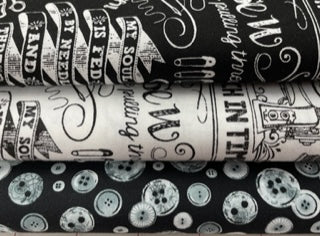 Fabric Bundle Black/White Sewing Theme, 3 One-Yd Pieces