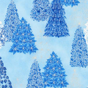 Fabric Robert Kaufman Holiday Flourish-Snow Flower Trees Blue w/Metallic SRKM215984