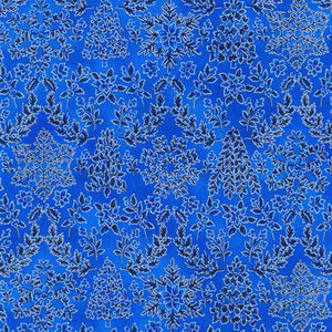 Fabric Robert Kaufman Holiday Flourish-Snow Flower Damask Blue w/Metallic SRKM216014