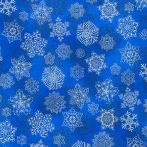 Fabric Robert Kaufman Holiday Flourish-Snow Flower Snowflakes Blue w/Metallic SRKM216034