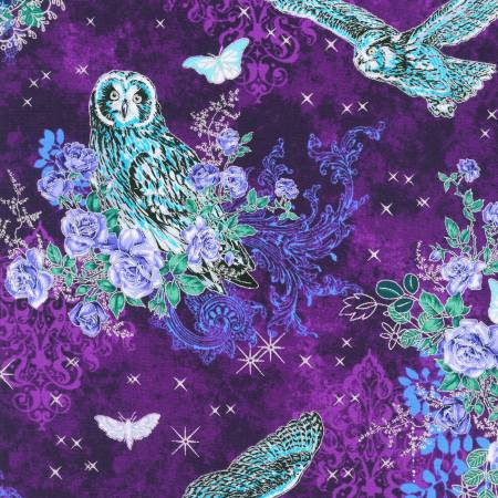 Fabric Robert Kaufman Mystic Moon Metallic Owls Midnight Purple SRKM21634460