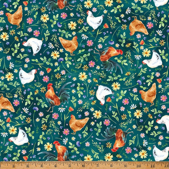 Fabric Hoffman Farm to Table Teal Chickens V5295H-21
