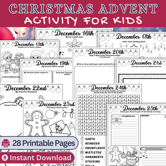 Printable Kids Christmas Advent Activity Bundle 28 pages - INSTANT DOWNLOAD