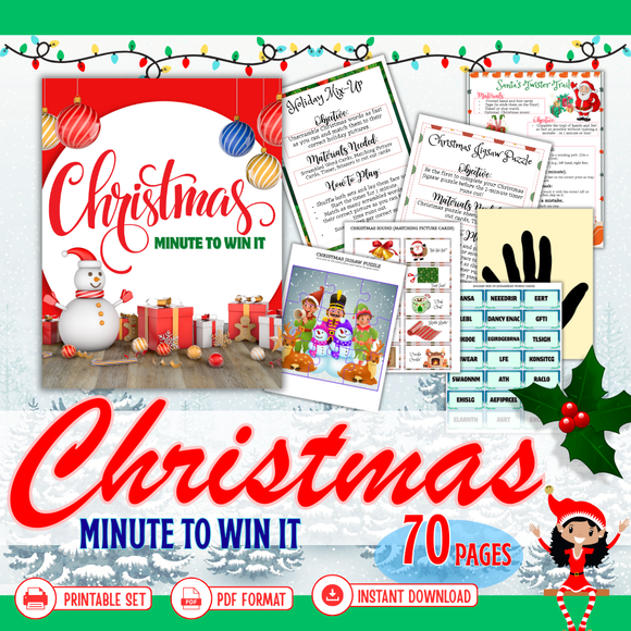 Printable Christmas Minute to Win It Games - HUGE 70 page pack - INSTANT DOWNLOAD