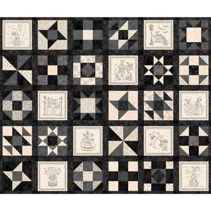 Fabric - Maywood Spooky Stitches Black Blocks Panel - 10879-J