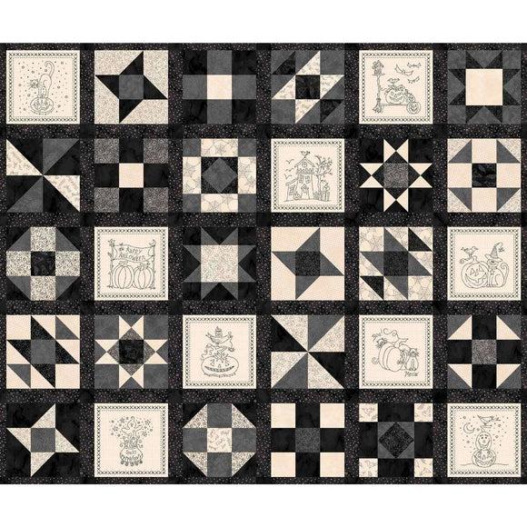 Fabric - Maywood Spooky Stitches Black Blocks Panel - 10879-J