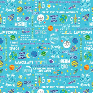 Fabric Kanvas Lift Off Glow in the Dark Words Turquoise 12608GB-84