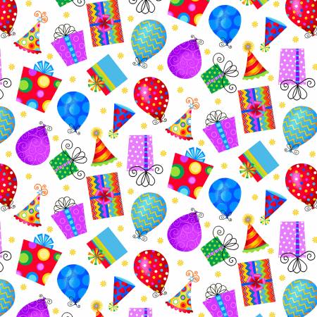 Fabric Studio E Party Time White Hats Balloons 6648S-87